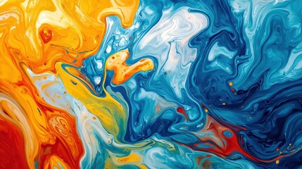 Arte fluida astratta, onde colorate vorticose, tavolozza di colori vibranti con blu, gialli, arance e rossi, transizioni di miscelazione fluide, forme fluide organiche, composizione panoramica, pittur