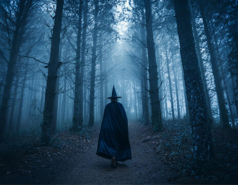 Cena sinistra de uma bruxa com chap&eacute;u pontudo e capa preta, de costas em uma floresta cheia de n&eacute;voa.