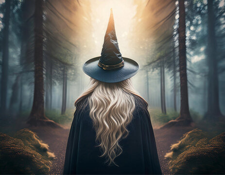 Uma bruxa de costas, com chap&eacute;u pontudo e cabelos longos e brancos, meio corpo, em uma floresta com muita n&eacute;voa.
