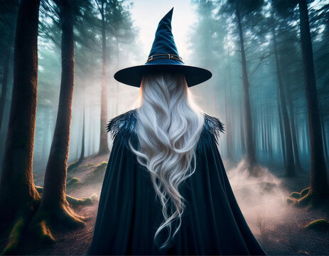 Uma bruxa de costas, com chap&eacute;u pontudo e cabelos longos e brancos, meio corpo, em uma floresta com muita n&eacute;voa.