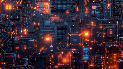Obraz premium Detailed Circuit Board with Glowing Orange Lights