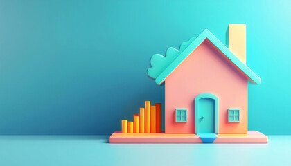 Colorful 3D representation of a house with growth chart elements, bright and modern design, suitable for real estate concepts.