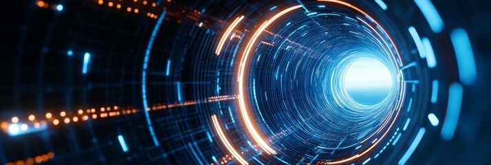 Fototapeta premium A futuristic and abstract digital tunnel with glowing lines and light. Representing technological advancement, the future, connectivity, progress and innovation.