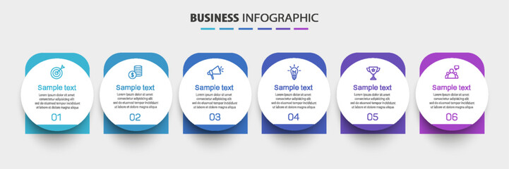 Obraz premium Business vector infographic design template with icons and 6 options or steps. Can be used for process diagram, presentations, workflow layout, banner, flow chart, info graph