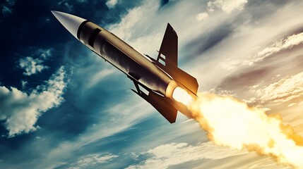 A missile launches into the cloudy sky, with fire and smoke trailing behind it.