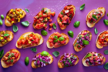 Tasty bruschetta topped with fresh veggies and herbs