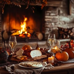 Naklejka premium Warm Thanksgiving Gathering by the Fireplace: Cozy Autumn Scene with Pumpkins and Feast for Seasonal Branding and Event Ads