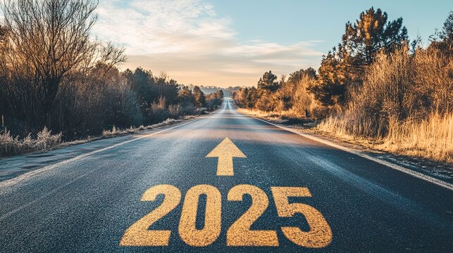 A long, empty asphalt road leads into the distance, with the yellow numbers "2025" written on it and an arrow pointing forward	