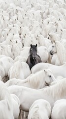 An eye-catching image featuring a single black horse standing out among a multitude of white horses, symbolizing individuality and uniqueness.