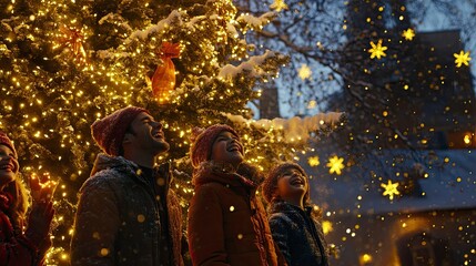 Obraz premium Family singing carols near a snowy tree with twinkling lights and golden stars, holiday decorations surrounding them.