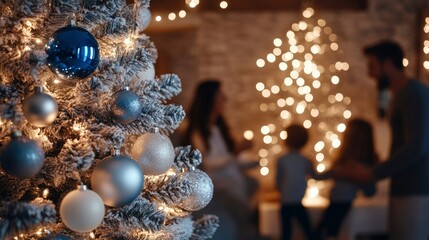 Fototapeta premium Family singing Christmas carols beside a silver tree with blue and white ornaments, candles flickering around.