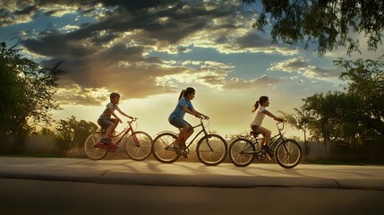 Fototapeta premium Family of three rides bikes together, enjoying the evening light.