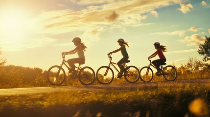 Three girls ride bikes in single file at sunset.