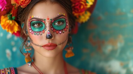 Obraz premium Festive Mexican Heritage: Woman with Colorful Face Tattoos for Dia de los Muertos, La Calavera Catrina, Mexico. Day of the dead. Folklore, tradition beautiful face make up