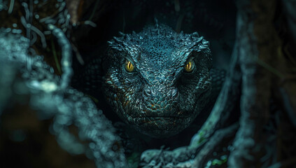 A basilisk emerging from a dark cave, its eyes glowing ominously