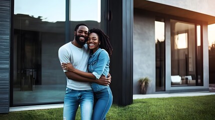 A happy Black couple stand outside their modern home.