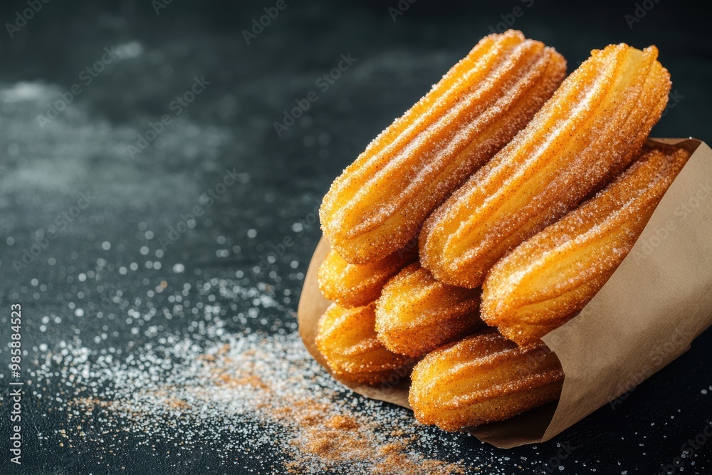 Sticker delicious churros coated in cinnamon sugar, a tempting dessert concept with space for text