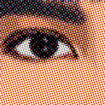 Image en gros plan d&rsquo;une &oelig;il de femme avec un effet pointillisme pour un rendu d&rsquo;impression papier.
