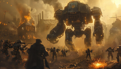 Naklejka premium A battle scene between steam-powered mechs and clockwork soldiers