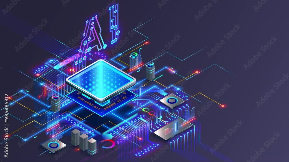 Aufkleber Processor with integration AI. AI Letters on chip. CPU connected to motherboard . Artificial intelligence technology in electronic chip on pcb board. Hardware tech. Isometric 3d animation background.