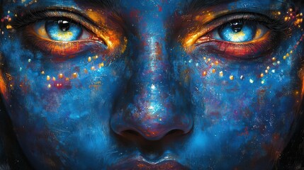 A striking close-up of a face with vibrant blue paint, featuring mesmerizing eyes and colorful details that embody mystique
