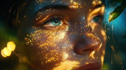 A close-up of a woman's face illuminated by shimmering light, creating a magical and ethereal atmosphere
