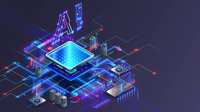 Processor with integration AI. AI Letters on chip. CPU connected to motherboard . Artificial intelligence technology in electronic chip on pcb board. Hardware tech. Isometric 3d animation background.