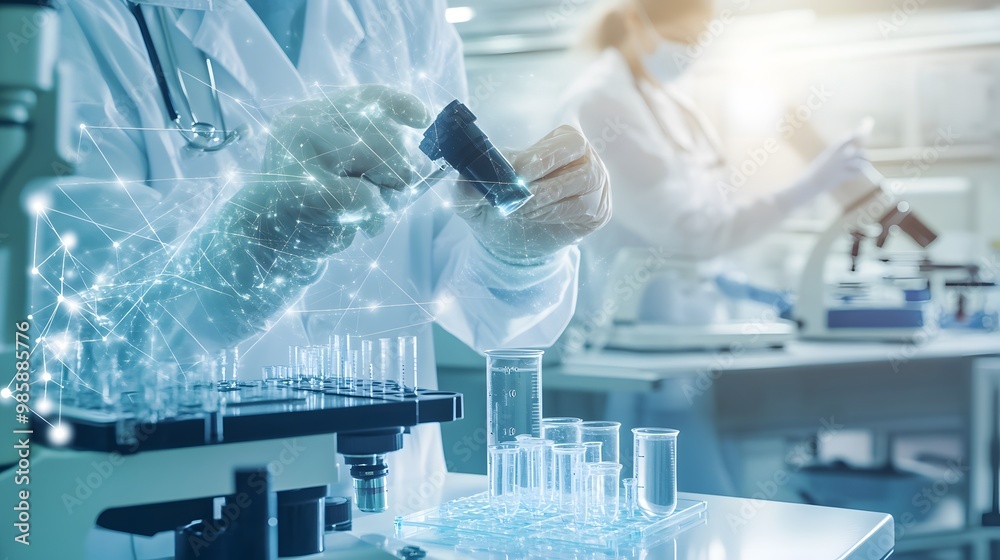 Wall mural a scientist in a lab coat carefully handles a microscope slide.