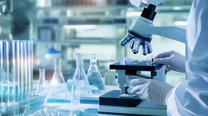 A scientist in a lab coat adjusts a microscope in a laboratory setting.
