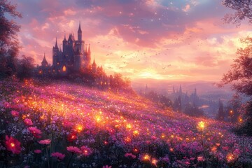 enchanted castle illustration with sprawling flower field foreground fairytale architecture pastel sky whimsical details and hidden magical elements