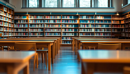a empty library with table , chairs and books with isolated background generated by AI