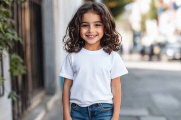 Obraz premium close-up of happy child girl wearing white, blank t-shirt mockup against street background