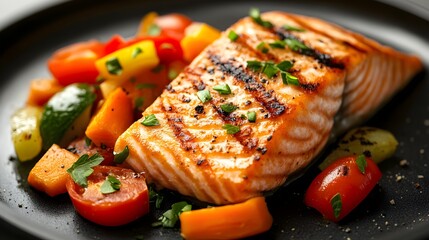 Gebratener Lachs mit Gem&uuml;se auf einem schwarzen Tisch