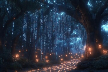 enchanted data forest visualization with glowing wireframe trees digital leaves streaming with binary code and abstract branch networks forming intricate data pathways