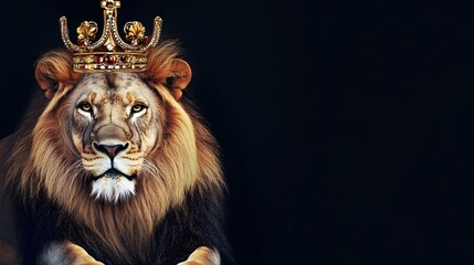 Fototapeta premium A majestic lion with a golden crown, looking powerful and regal against a dark background.