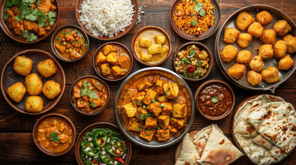 Top view of wooden table with variety of Indian food - rice, curry, sauces, meat, spices, wheat flatbreads. Aloo curry, puri dishes on table in honor of Diwali or Holi festival celebration