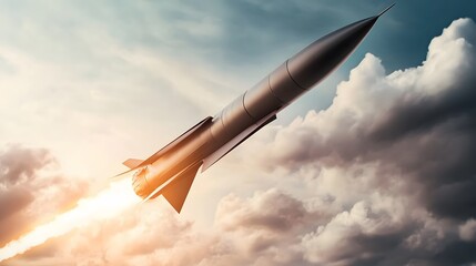 A missile launches into the sky, leaving a trail of smoke behind it.