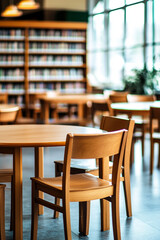 a empty library with table , chairs and books with isolated background generated by AI