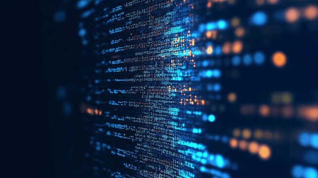 software binary code and light blue text flow running over virtual space in the form of a screen. solid dark blue background. design for website wallpapers, banner.