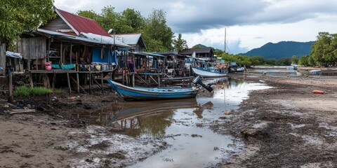 A rustic fishing village with wooden houses on stilts along a muddy riverbank, with small blue fishing boats docked in shallow water, surrounded by lush green trees and mountains