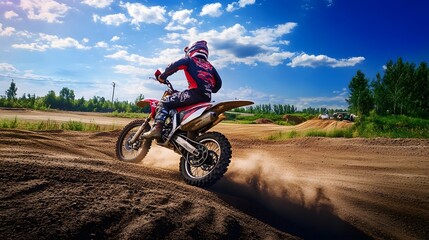 A dirt bike rider speeds down a dirt track on a sunny day.