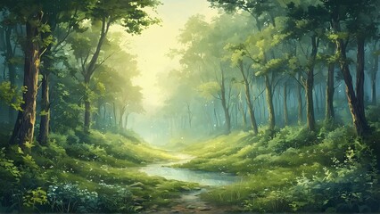 Obraz premium Artistic conception of beautiful landscape painting of nature of forest, background illustration, tender and dreamy design