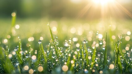 Obraz premium Beads of dewdrops on green grass in sunlight, macro nature backgrounds