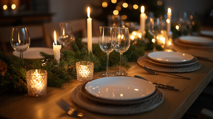 Elegant Christmas Table Setting with Candles and Garland.** A beautifully decorated table for a Christmas dinner, featuring candles, garland, and a cozy, festive atmosphere