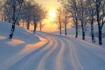 Obraz premium A tranquil winter morning reveals a winding path through a snow-laden landscape, with the sun rising behind silhouetted trees