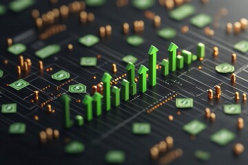 A close-up view of a digital board displaying green upward arrows, indicating growth and advancements in technology and finance.