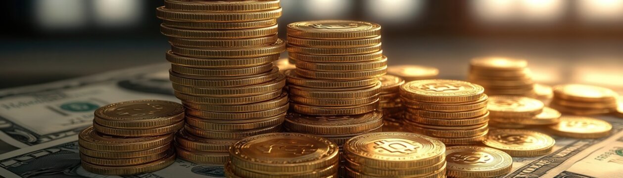 A close-up view of stacked coins on top of cash, symbolizing wealth and financial growth in a modern economic context.