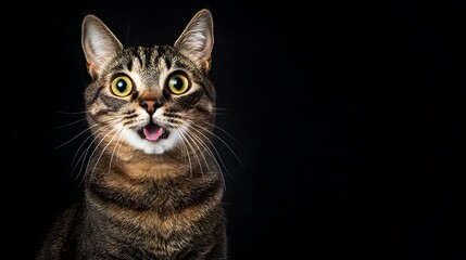 Fototapeta premium A tabby cat with wide eyes and tongue sticking out looks directly at the camera.