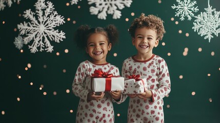 Kids wearing matching red and white pajamas, holding presents, with oversized snowflakes hanging on a dark green backdrop.