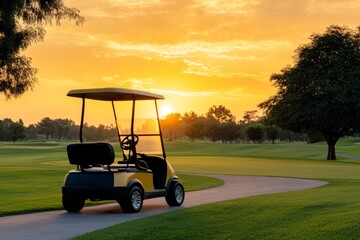 A modern golf cart drives along a winding path on a serene golf course at sunset. The golden light illuminates the lush green landscape and the silhouette of the cart against the sky. The scene evokes